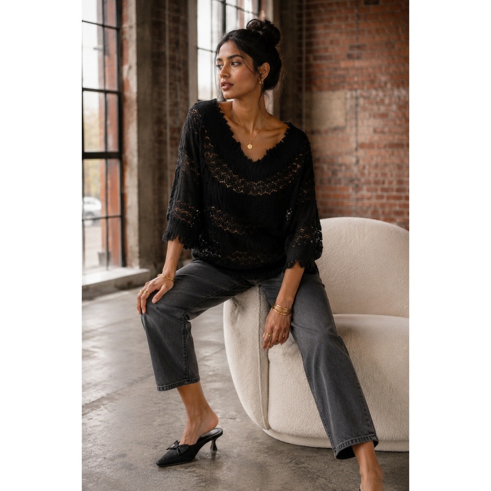 Deletta Anthropologie Black Lace Knit Top V-Neck Fringe Trim 3/4 Sleeve Large
